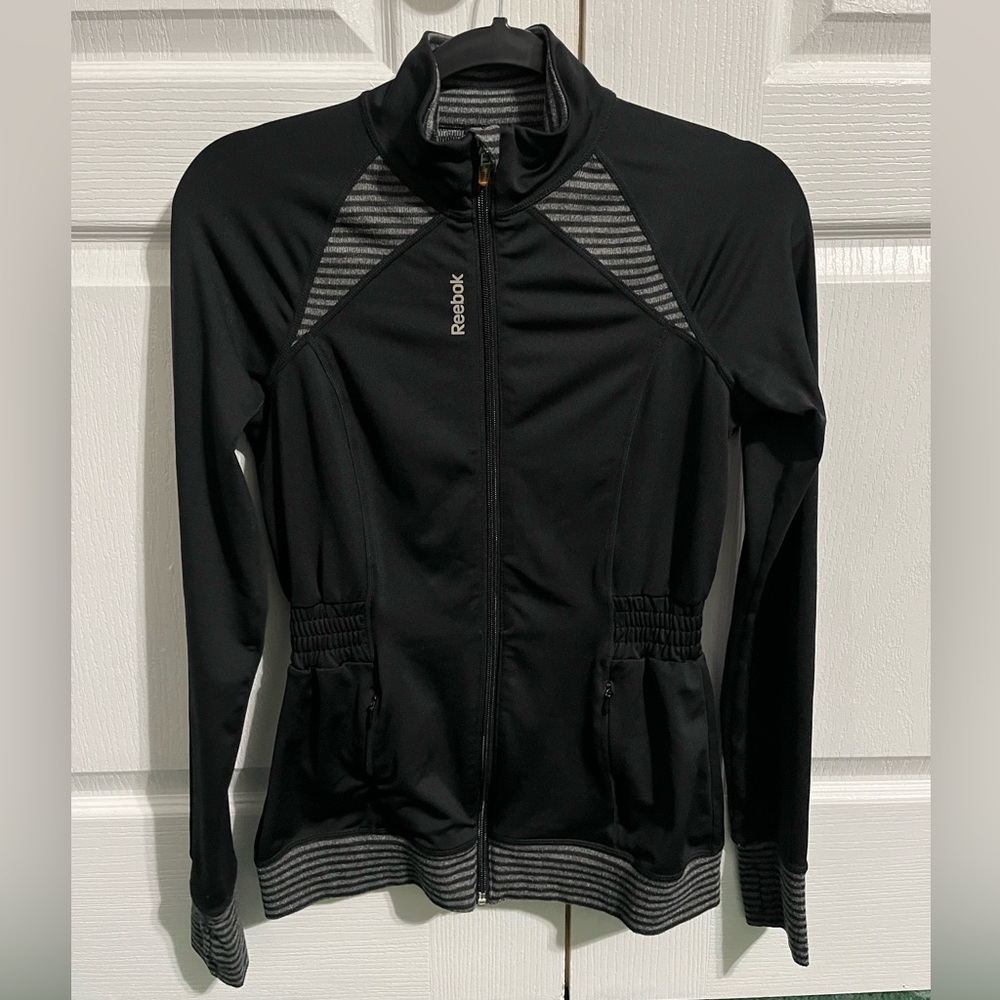 Reebok Women's Black Zip-Front Athletic Bomber Jacket with Gray Stripe Accents